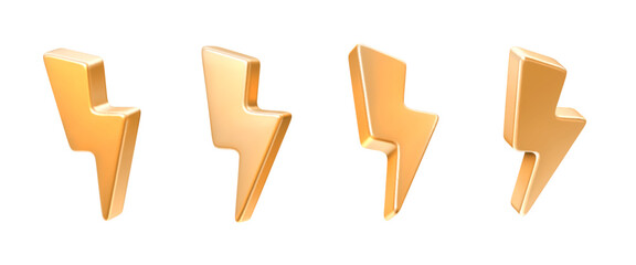Naklejka premium 3d golden metal lightning icons, energy power arrows, thunder bolt and energy symbols. Realistic 3d gold thunderbolt flashes, storm strike bolts and golden lightnings for weather and warning signs