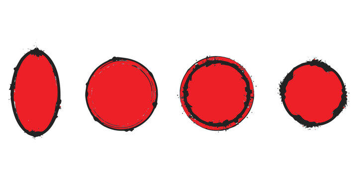 Set of four red circular and oval shapes with distressed black ink stamp edges