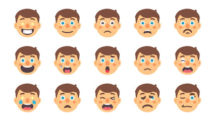Fototapeta premium Facial expressions of a Man: A detailed collection of emotive faces, showcasing a wide spectrum of feelings. Designed to represent the human experience, it is an exploration of human emotion.