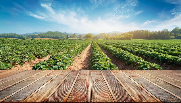empty wood table with free space over strawberry trees strawberry field background for product display montage