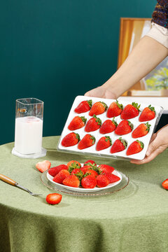 Fresh Strawberries Still Life with Milk Glass Indoor Kitchen Food Photography Setup