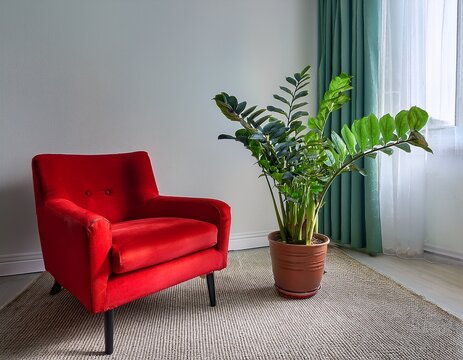 plant as a decoration in interior design design of a living room or a hotel bright red armchair in the corner zz plant or zamioculcas low maintenance and easy to care for house plant