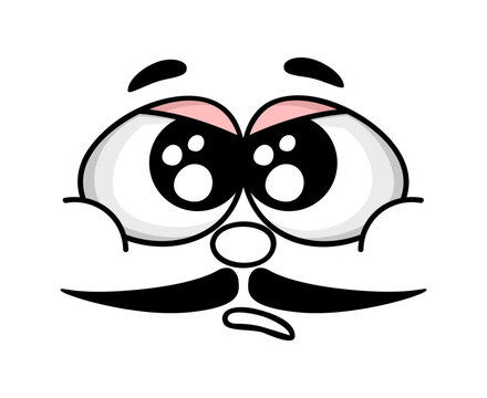 Cartoon confused face emotion, unhappy and sulky emoji expression with moustaches. Character featuring huge sparkling eyes, puffy pink eyelids. Vector face for humorous social media stickers