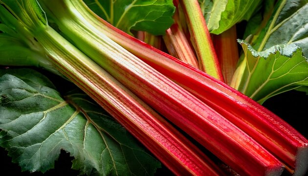 close up of fresh rhubarb stalks and leaves bright red stalks with slightly yellowed edges vibrant green leaves with serrated edges fresh produce studio shot