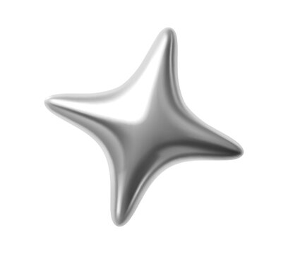 Silver metallic 3d metal star or spark realistic symbol. Silver star realistic form, shiny metal balloon render isolated vector element. Chrome metallic spark shape or glossy gradient metal 3d figure