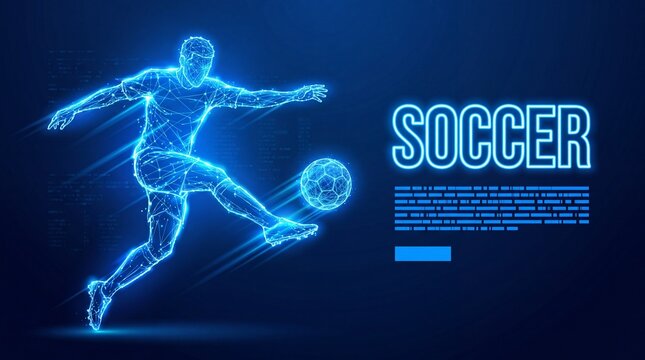 Soccer player kicking ball with digital wireframe technology effect