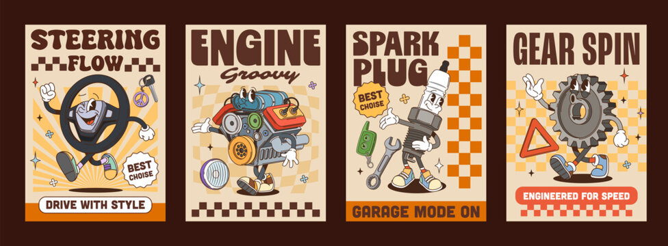 Y2k groovy car spare parts funky hippie posters. Retro automotive cards featuring cartoon playful garage characters as steering wheel, engine, spark plug and gear with typography and vintage colors