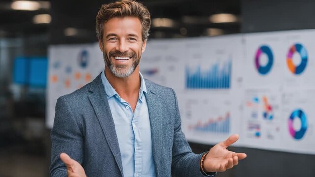 Confident Business Professional: A charismatic business person radiates assurance and competence while presenting data, graphs, and charts, exuding authority in the business arena.