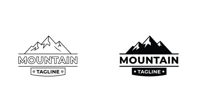 Mountain range adventure logo template with tagline space in outline and solid black styles