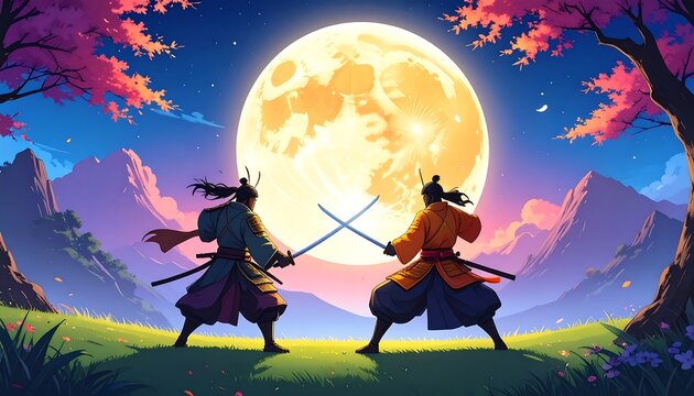 Two figures with swords clash at dusk, framed by trees and a glowing moon, against a backdrop of mountains and a colorful sky