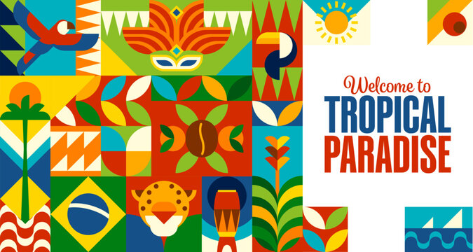 Brazil travel and vacation banner with geometric pattern, vector background. Brazil pattern with Brazilian Carnival mask, tropical paradise holiday and palms at Rio de Janeiro and Copacabana beach