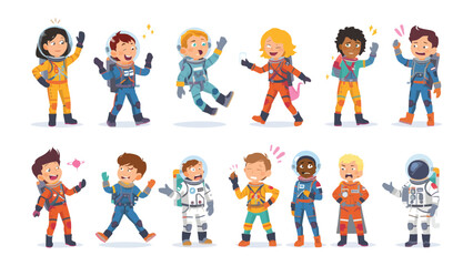 Fototapeta premium Astronaut Kids' Cosmic Adventure: A vibrant collection of animated children, each donned in a unique space suit, playfully embarking on an exciting journey among the stars.