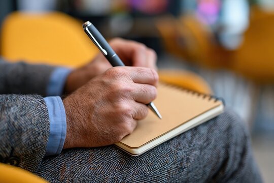 Businessperson closing plain notebook after meeting debrief in modern office