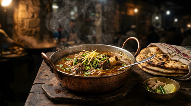 Karachi Style Beef Nihari in Copper Handi with Steam, Traditional Pakistani Street Food