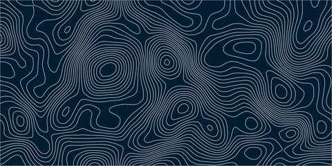 Modern Dark Blue Topographic Contour Map Pattern with Flowing Elevation Curves, Abstract Geographic Terrain Background for Cartography and Design. © Hasan