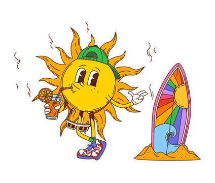 Cartoon groovy hippie sun character on the beach with a cool drink, wearing a cap and sunglasses with surfboard stands in the sand nearby. Vector retro funky summer personage enjoying summer vacation
