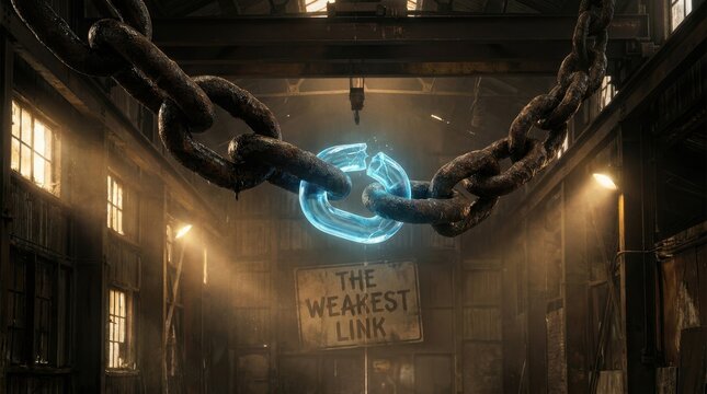 Broken glowing link in a heavy industrial metal chain