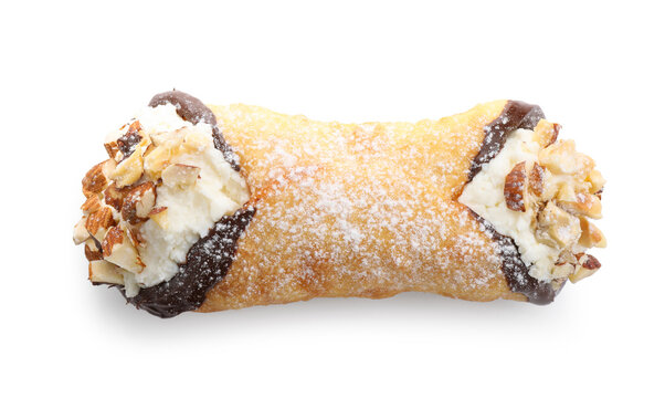 Delicious canoli with cheese, chocolate and almonds isolated on white, top view