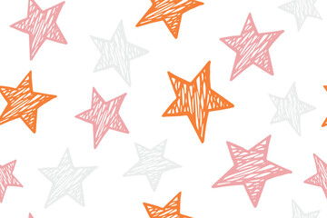 Fototapeta premium Scribble stars grunge vector seamless pattern. Cosmos background. X-mas decoration. Wallpaper print with simple scribble stars. Baby clothes ornament.