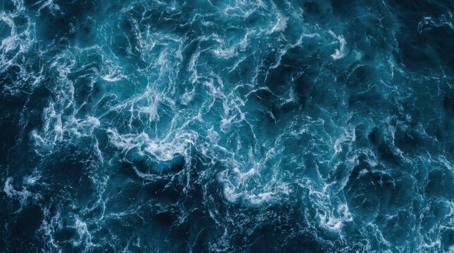 Aerial view of deep blue ocean water with white foam and waves