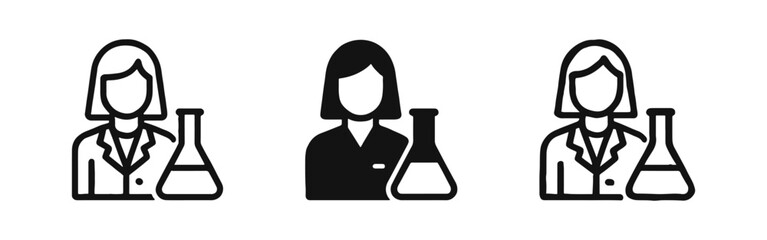 Scientist woman researcher lab assistant icon set