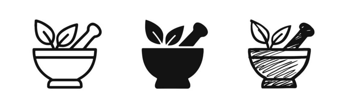 Mortar and Pestle with Herbal Leaves Icon Set in Three Different Styles for Natural Medicine and Pharmacy
