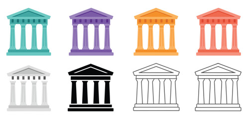 Obraz premium Classical bank and government building icon set, finance and legal interface vector illustration, courthouse, authority, law, and public institution symbols, clean flat vector graphics for web and UI 