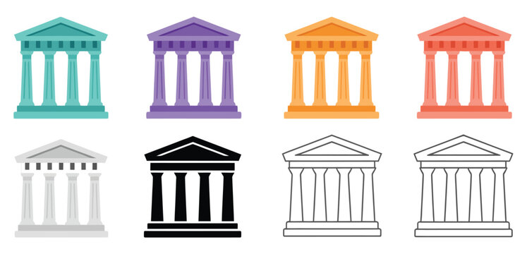 Classical bank and government building icon set, finance and legal interface vector illustration, courthouse, authority, law, and public institution symbols, clean flat vector graphics for web and UI 