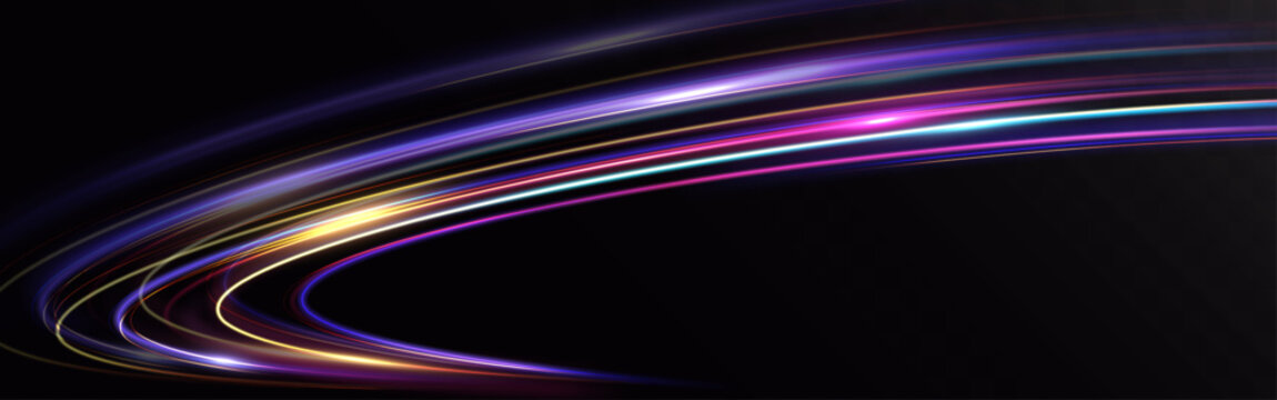 fast neon light trail curved lines glowing speed motion streaks futuristic velocity effect isolated on transparent background
