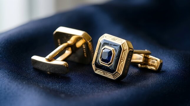 Luxury gold cufflinks with blue gemstone on navy fabric