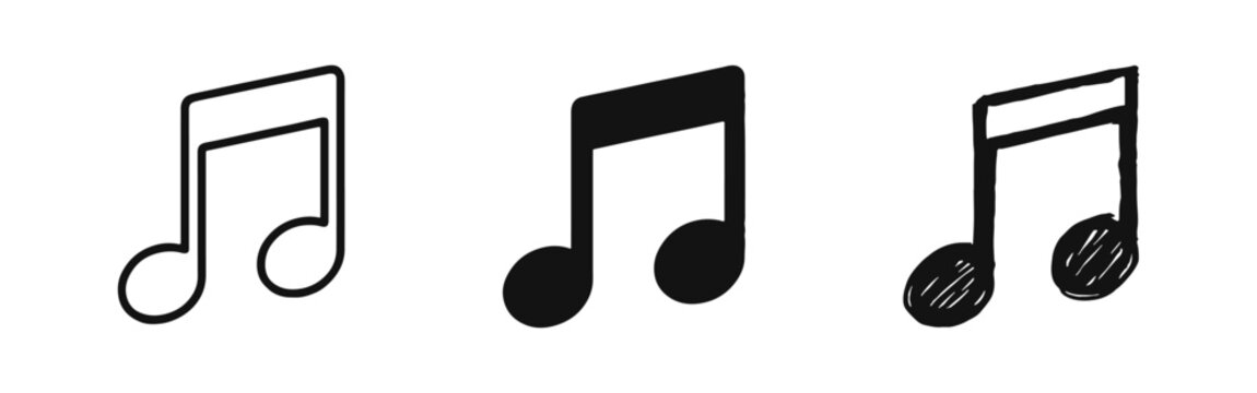 Music note icon set with outline, solid and hand-drawn styles, sound and melody concept