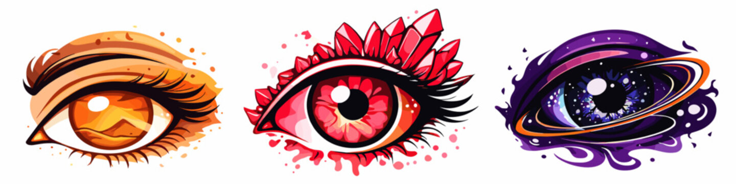 A set of three fantasy eyes on white background: fiery orange, pink with red petals, and purple cosmic galaxy eye. Concept of mystical vision and magic.