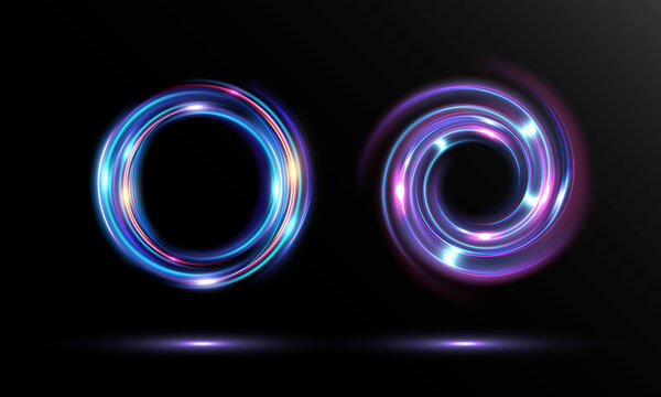 neon glowing circular rings set abstract light swirl vortex energy loops futuristic effect on dark background
