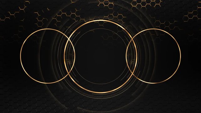 Black gold hexagon HUD background honey pattern, circular rings, glowing outlines, dark tech layout. luxury technology videos, crypto intros, business promos, futuristic titles, and premium overlays.