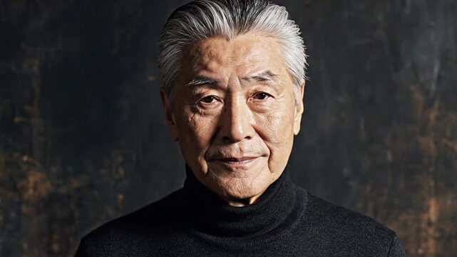 Elderly East Asian man with graying hair wearing black turtleneck
