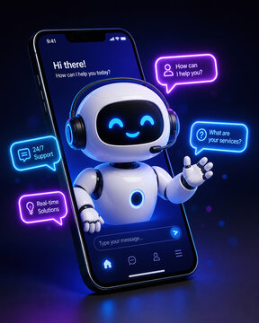 AI chatbot 3d robot assistant on smartphone screen with neon chat bubbles for 24/7 customer support and virtual assistant service, 3D character illustration for mobile app technology.
