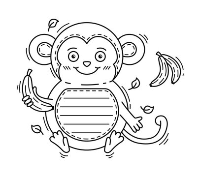 Monkey cheerful animal kids memo note template. Planner To Do list vector frame, jungle animal scrapbook memo note. Kids schedule checklist or diary sticker with monkey cute character eating banana