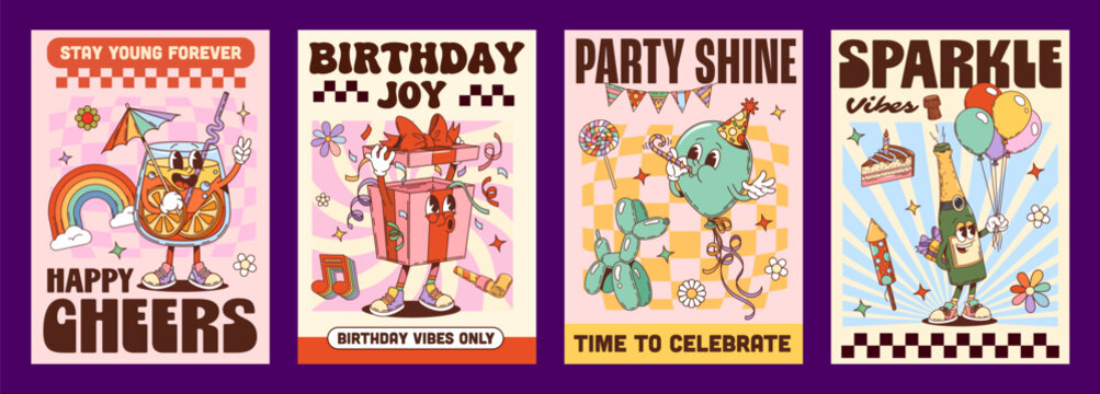 Y2K groovy funky holiday and celebration posters for birthday party, cartoon vector. Groovy Y2K birthday gift with funny face and happy balloon with funky cake and hippie champagne bottle character