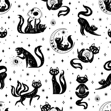 Seamless pattern on magic mystic cats, witchcraft. Mystic cat repeated details vector background, magic animal print. Esoteric pet textile backdrop or celestial kitty seamless pattern with stars