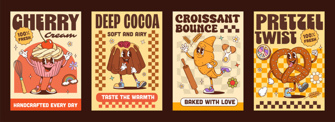 Naklejka premium Y2K groovy funky dessert and bakery posters with funny characters, cartoon vector. Y2K retro posters with groovy cupcake, funky pudding or trippy croissant, hippie pretzel with happy face and tongue