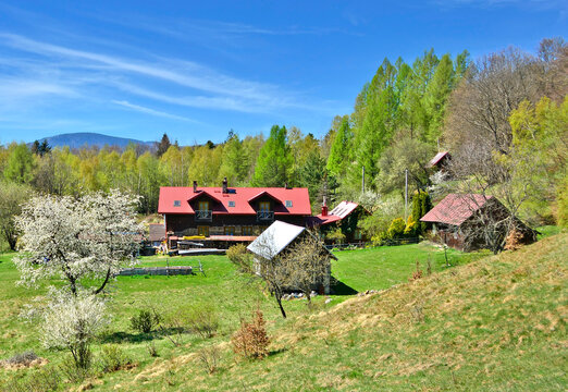 Mountain Hut Cyrla, near Rytro village in Beskid Sadecki, Poland in springtime. 