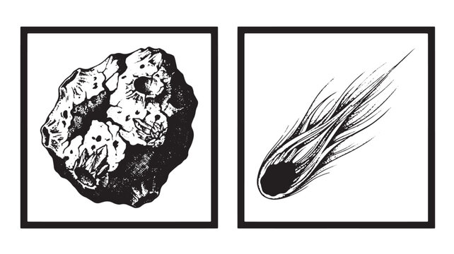 Asteroid and comet illustrations represent celestial bodies drifting through the vastness of outer space.