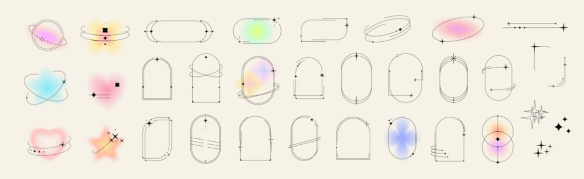 Aesthetic shapes, minimal geometric borders and frames with stars, sparkles and neon effect. Vector y2k space figures. Brutal linear sparks, arches, ovals, spirals with retro futuristic cosmic vibes