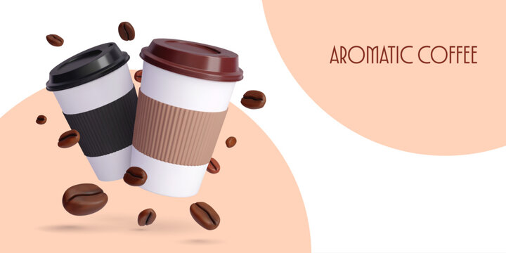 3d coffee paper cup and beans, takeaway drink mockup. Aromatic beverage in two paper mugs with ribbed sleeves and lids surrounded by floating coffee beans. Realistic vector warm and fresh morning brew
