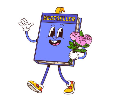 Cartoon groovy book character, cheerful blue bestseller book personage walks holding a pink peony bouquet with smiling face and waving hand, conveying friendly, romantic and funky y2k publishing mood