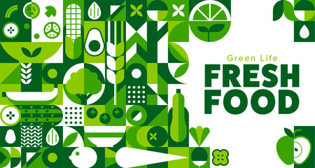 Obraz premium Fresh organic food fruits and vegetables banner with geometric pattern, vector background. Organic food pattern with geometric farm cucumber and corn, wheat and carrot and green avocado with broccoli
