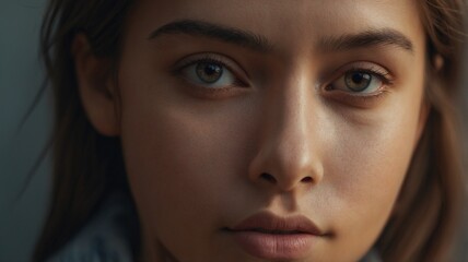 Fototapeta premium Close-Up Portrait of Young Person with Natural Skin Texture and Calm Expression in Soft Cinematic Light