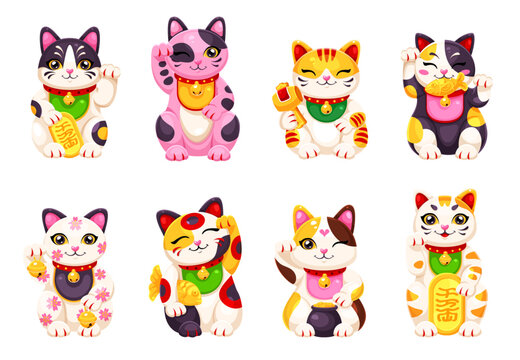 Japanese maneki neko lucky cats, cartoon cute good luck, fortune and wealth symbolic mascots. Funny maneki neko cats vector characters holding gold coins, fish and mallet, money pot and golden bells