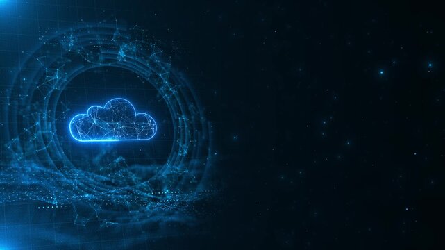 Blue cloud computing network background glowing cloud icon, connected digital nodes, circular tech rings, copy space. cloud storage videos, app promos, server visuals, data services, cyber overlays.