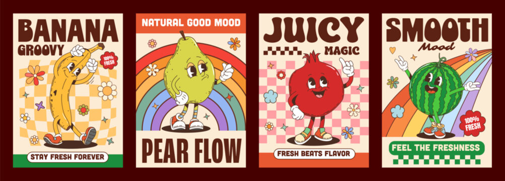 Y2K groovy funky fruit characters posters. Retro cartoon banana, pear, pomegranate and watermelon personages with smiley faces in color sneakers. Groovy fruits for kitchen decor prints and cafe menu